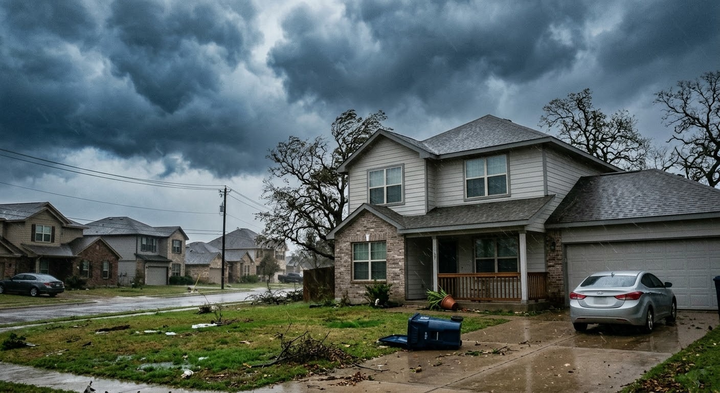 A residential neighborhood in the United States under dark storm clouds, showing a house, trees, and a parked car with scattered debris and branches on the lawn following severe weather. >