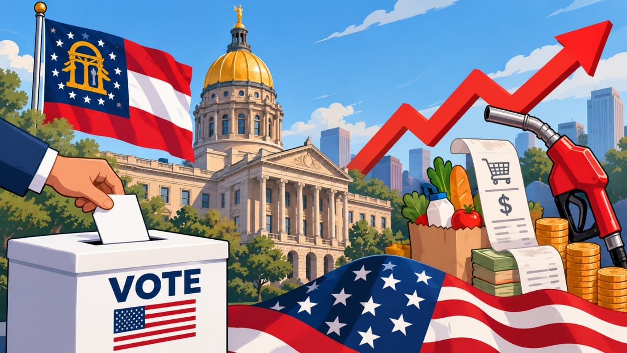 AI-generated illustration of Georgia elections with a ballot box, state capitol, groceries and fuel costs