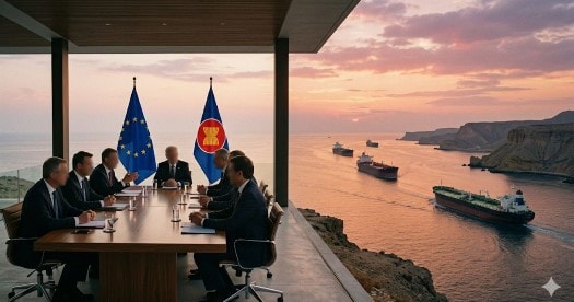  صورة لاجتماع دبلوماسي بين الاتحاد الأوروبي ودول آسيان وسط ناقلات نفط في مضيق هرمز