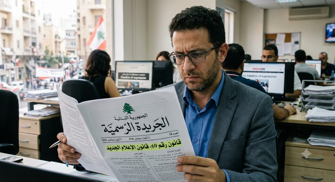 صورة صحافي يقرأ قانون الإعلام الجديد رقم 69 في الجريدة الرسمية