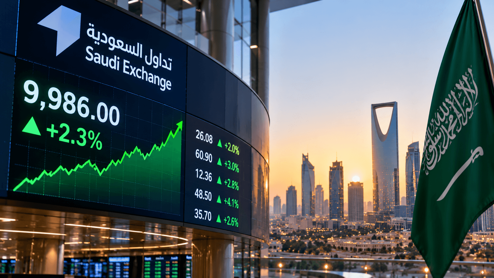 AI-generated illustration of a Saudi Exchange stock market display showing the TASI index at 9,986 points with a 2.3% gain, alongside the Saudi Arabian flag and Riyadh skyline.