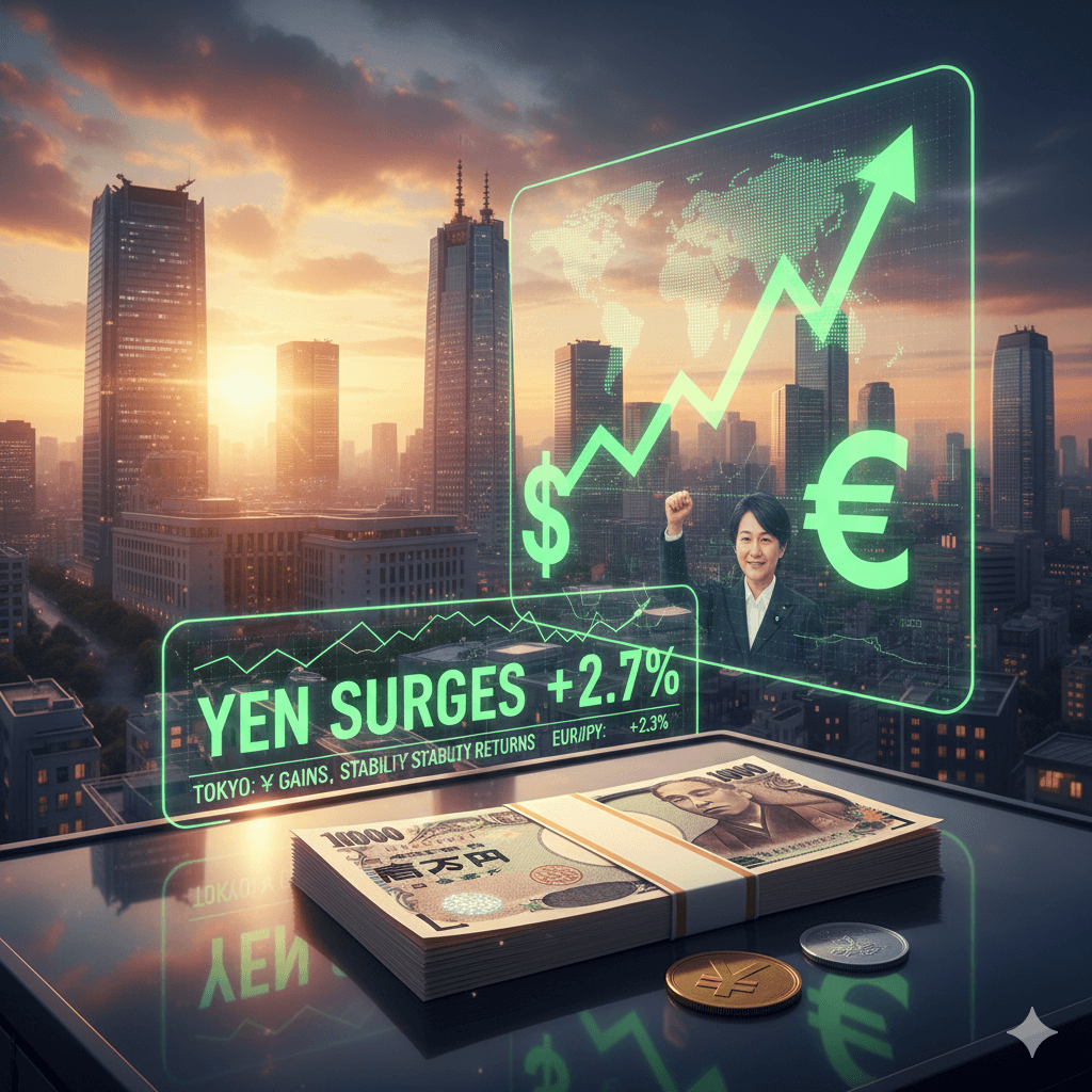 تمثيل بصري لصعود الين الياباني مع رسوم بيانية رقمية وأفق مدينة طوكيو. (AI)