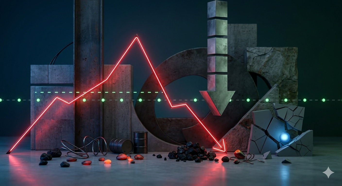 انكماش المؤشرات الاقتصادية وتراجع الإنتاج الصناعي عبر سهم أحمر هابط وسط بيئة صناعي(AI)