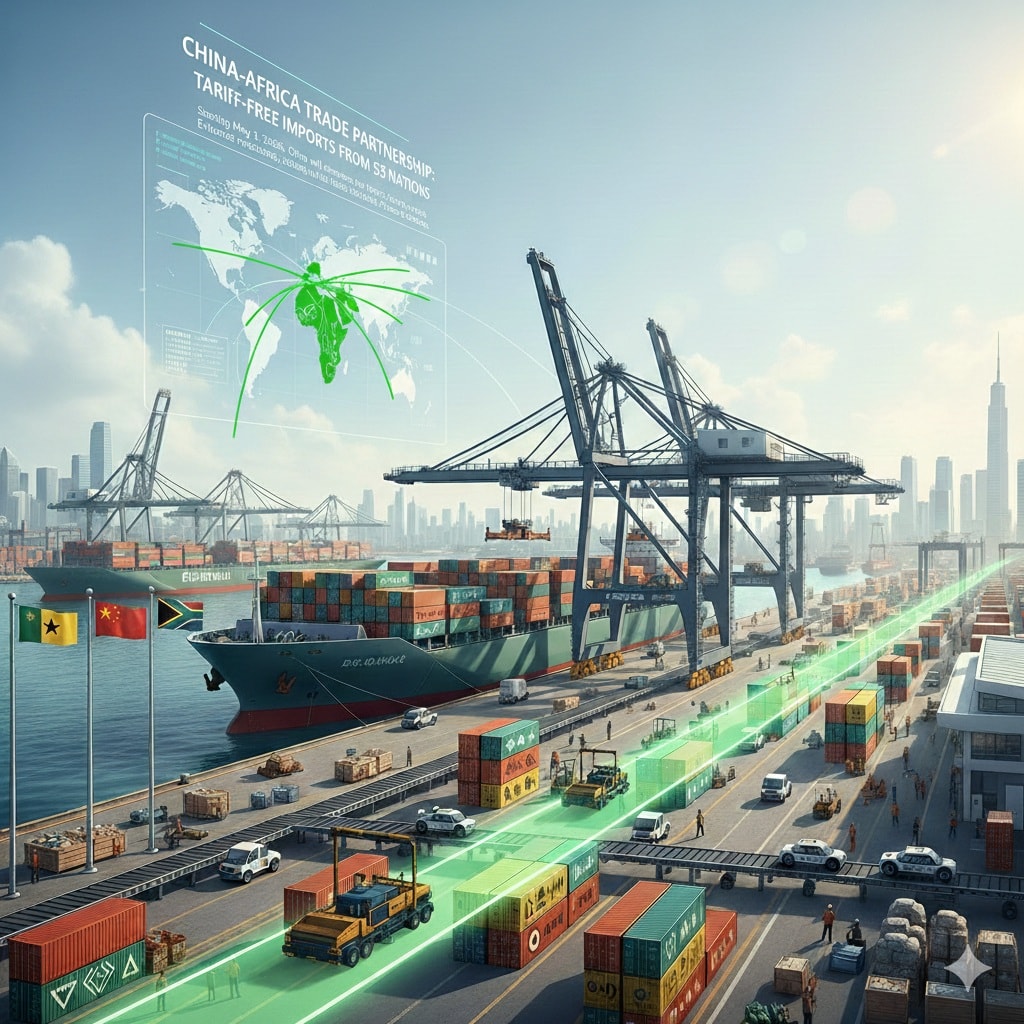 تجسيد بصري للقناة الخضراء التي تسهل وصول الصادرات من 53 دولة أفريقية للصين. (AI) 