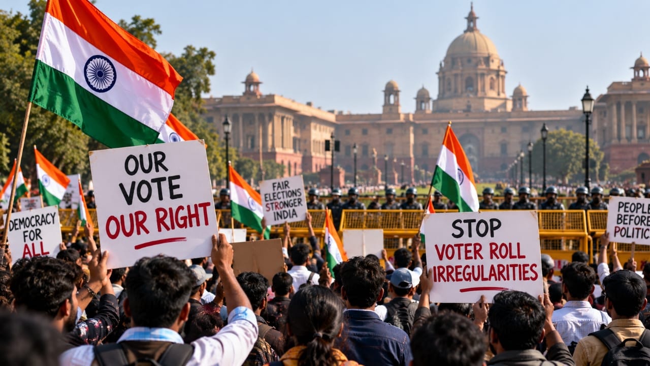 AI-generated illustration of election protests in India, showing demonstrators holding signs and Indian flags near police barricades
