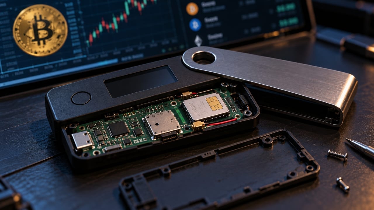 AI-generated illustration of an opened cryptocurrency hardware wallet showing its internal electronic components