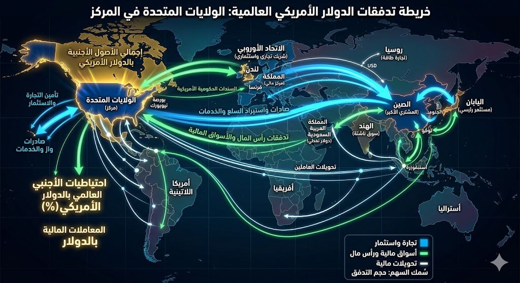 خريطة عالمية تُظهر تدفقات الدولار بين الدول مع إبراز الولايات المتحدة في المركز
