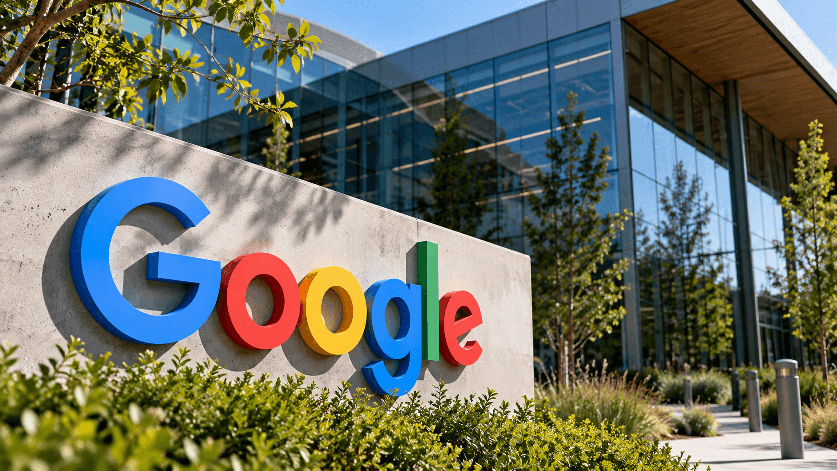 AI-generated illustration of a modern glass office building with a colorful Google logo at the entrance, representing Big Tech's investment in artificial intelligence.