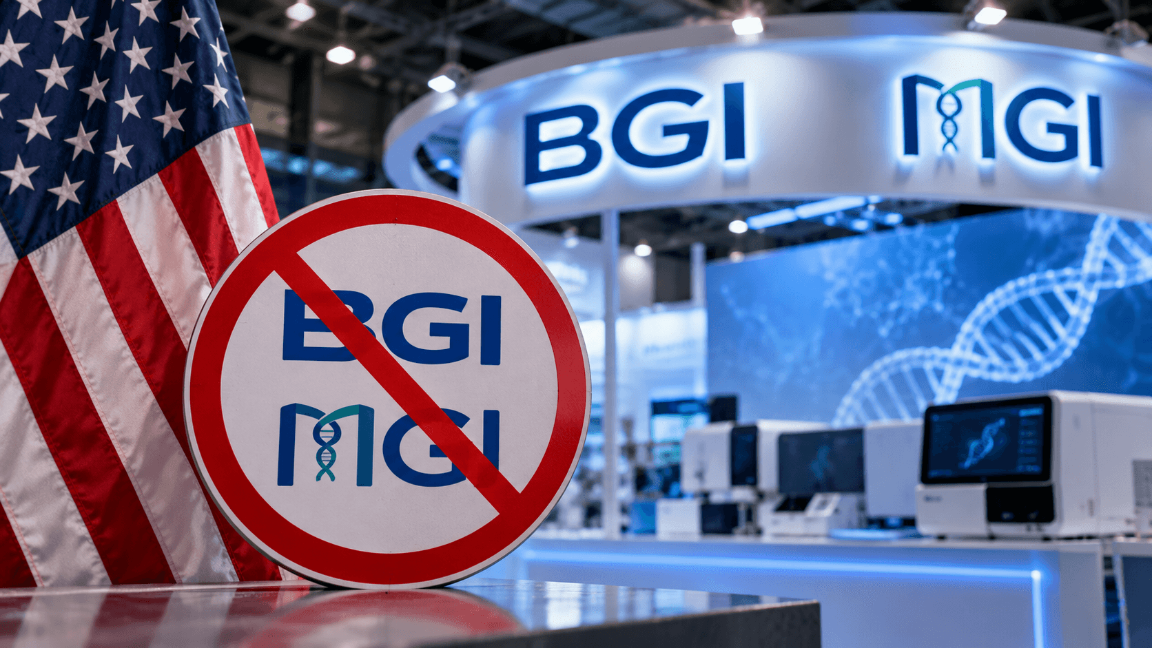 AI-generated illustration of BGI and MGI genomics company signage, genetic sequencing equipment, and a prohibition symbol, with the US flag representing American import restrictions.