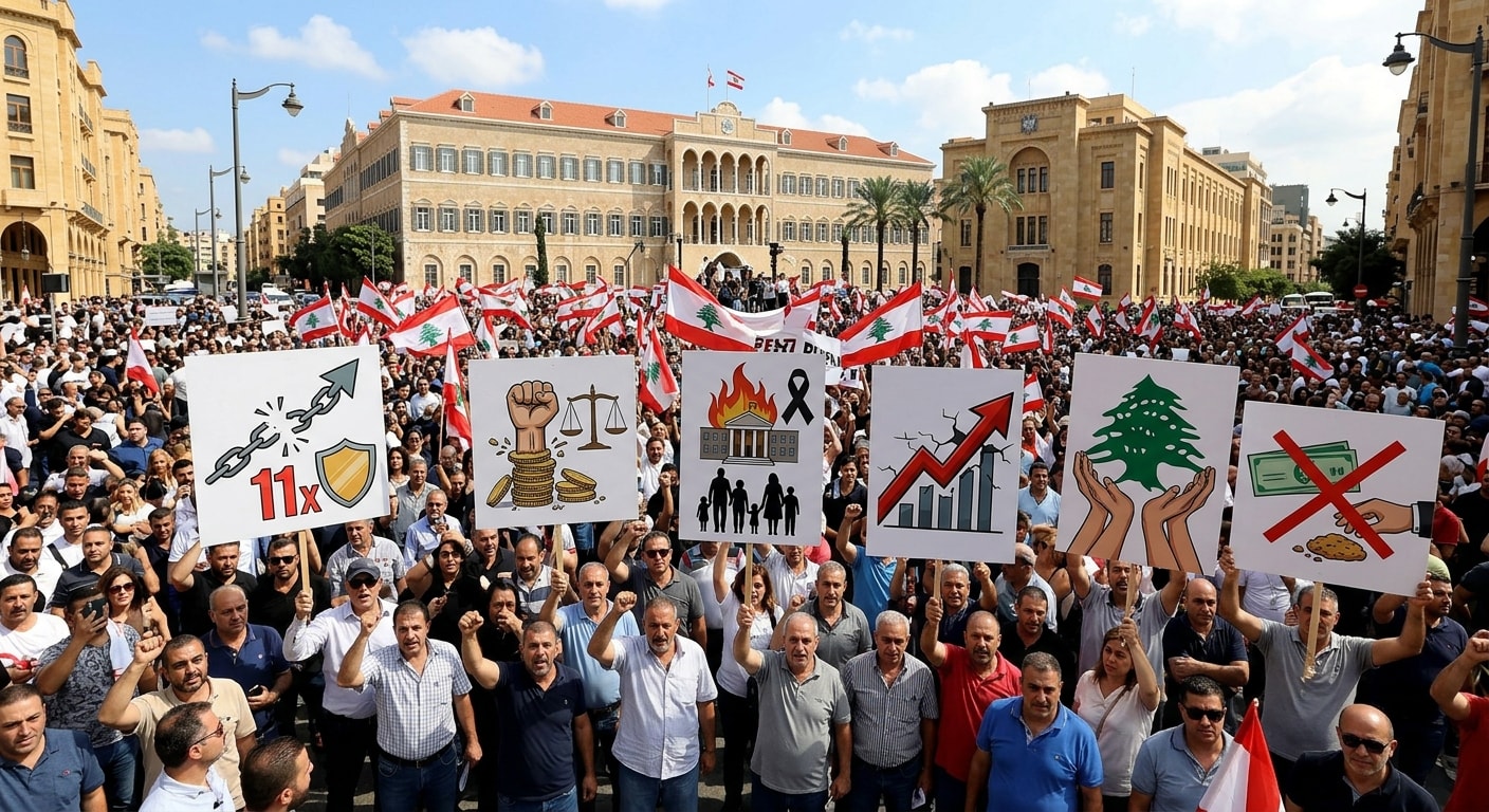 تجسّد الصورة تظاهرة حاشدة لموظفي الإدارة العامة في ساحة رياض الصلح ببيروت أمام السراي الحكومي ai