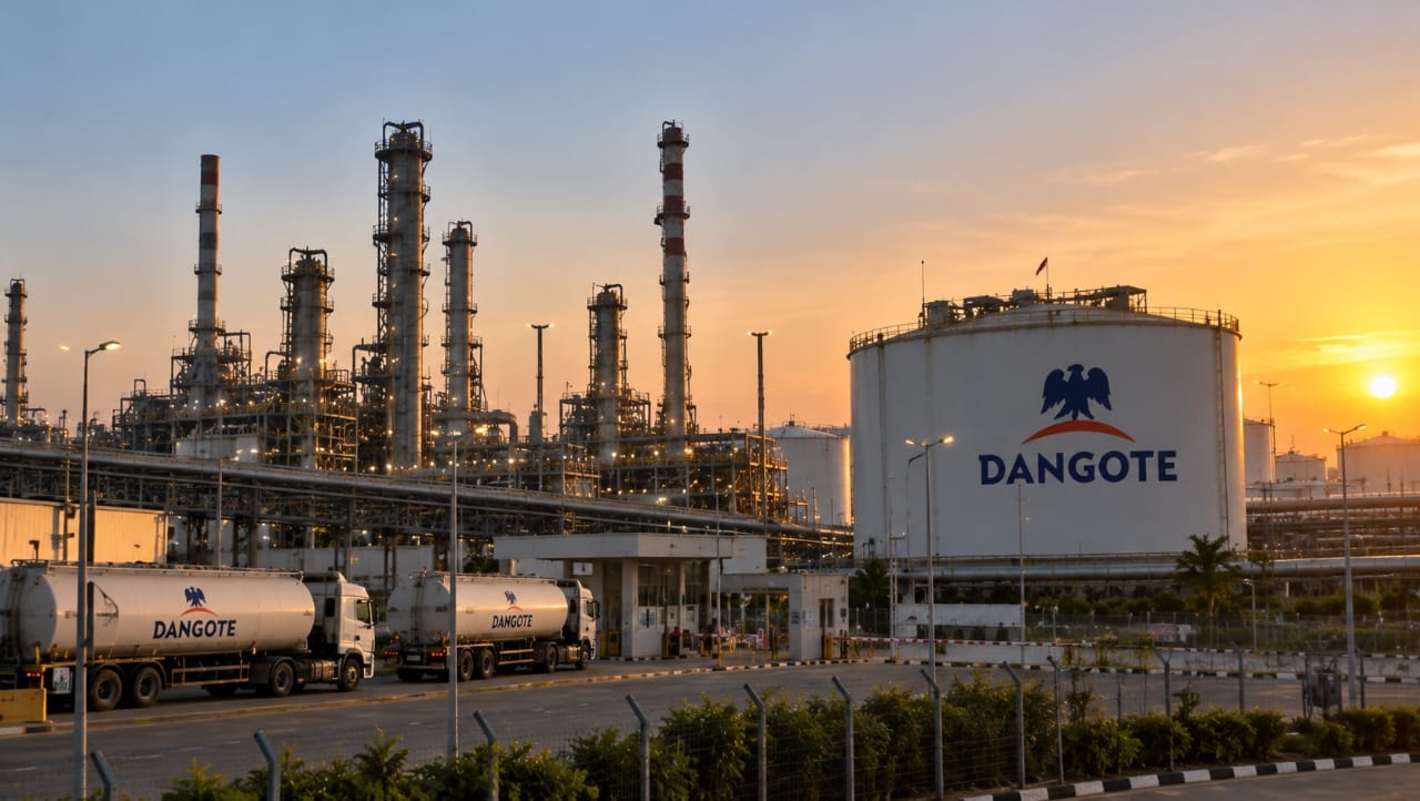 AI-generated illustration of an industrial oil refinery at sunset, featuring storage tanks, processing towers and tanker trucks with Dangote branding, symbolizing the Nigerian conglomerate's industrial operations and expansion.
