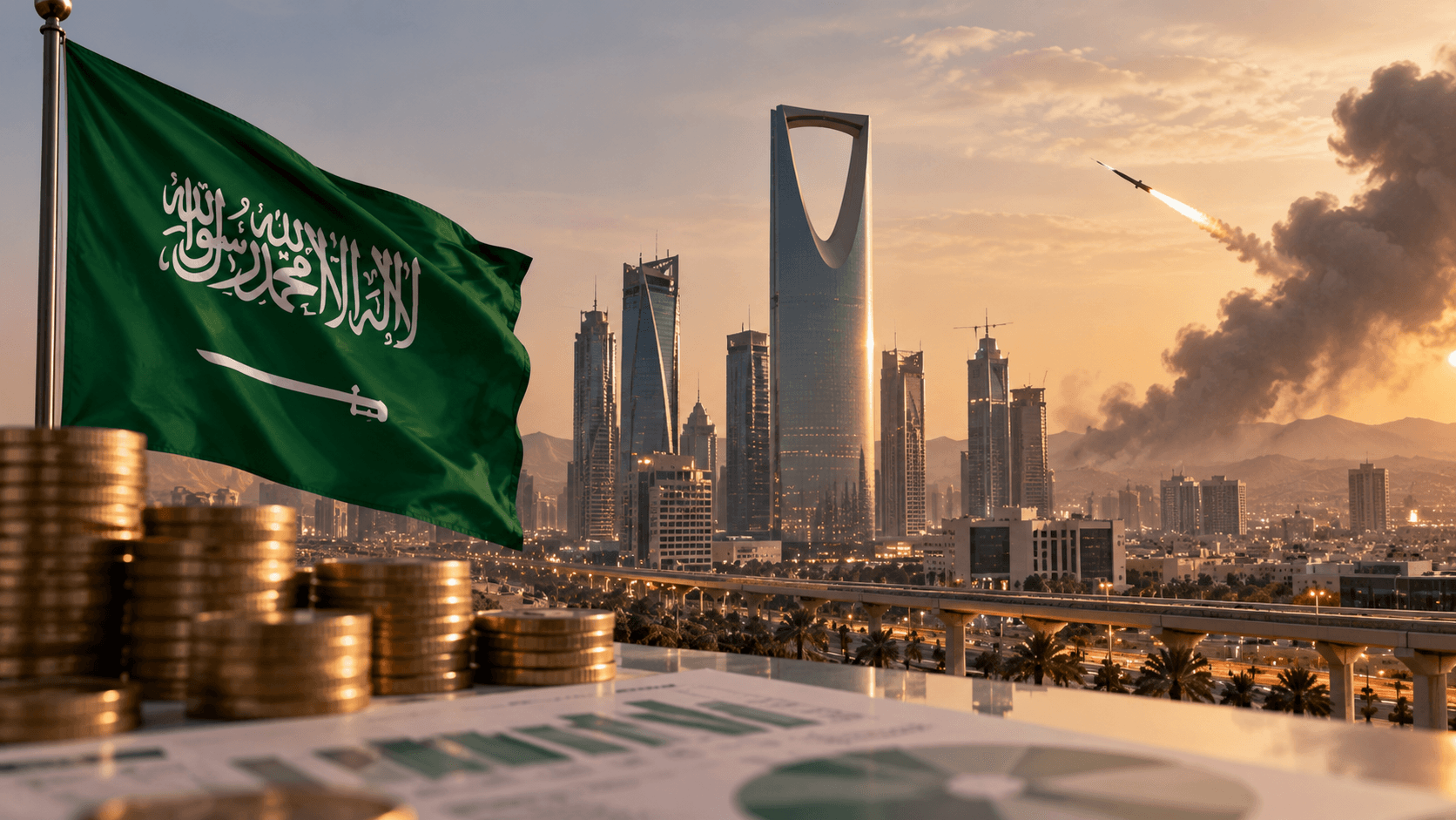 AI-generated illustration of Riyadh's skyline, the Saudi Arabian flag, stacks of coins, and a missile with smoke in the distance, symbolizing security threats and their potential impact on Saudi Arabia's non-oil economy.