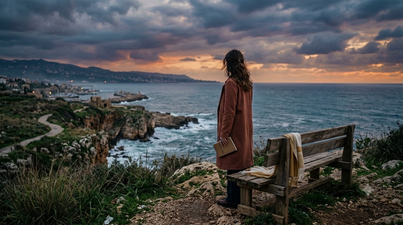 فتاة تحمل كتاباً على شاطئ البحر عند غروب الشمس