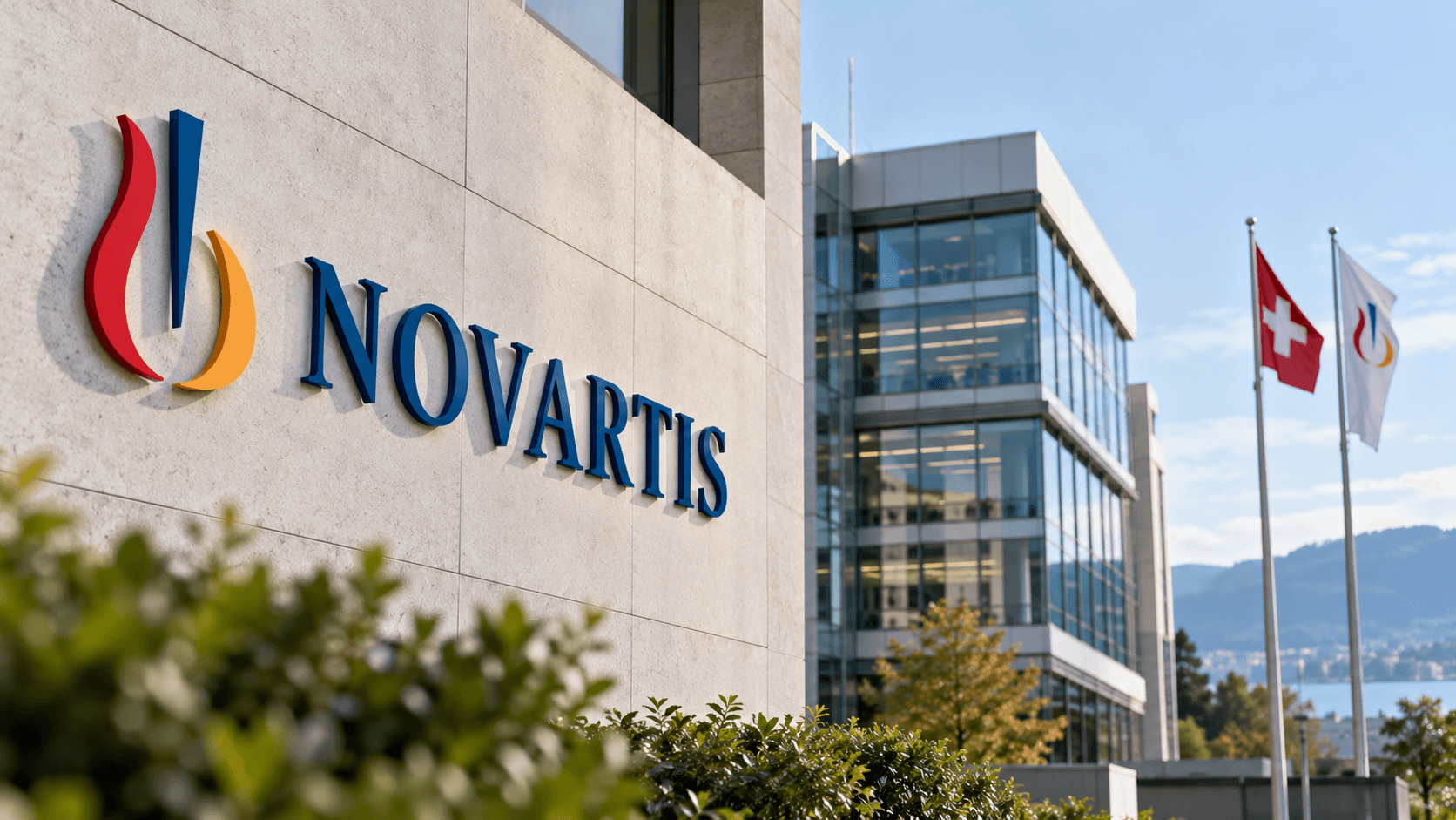 AI-generated illustration of Novartis signage on a modern corporate building, with the Swiss flag in the background, representing the company's improved profit outlook.
