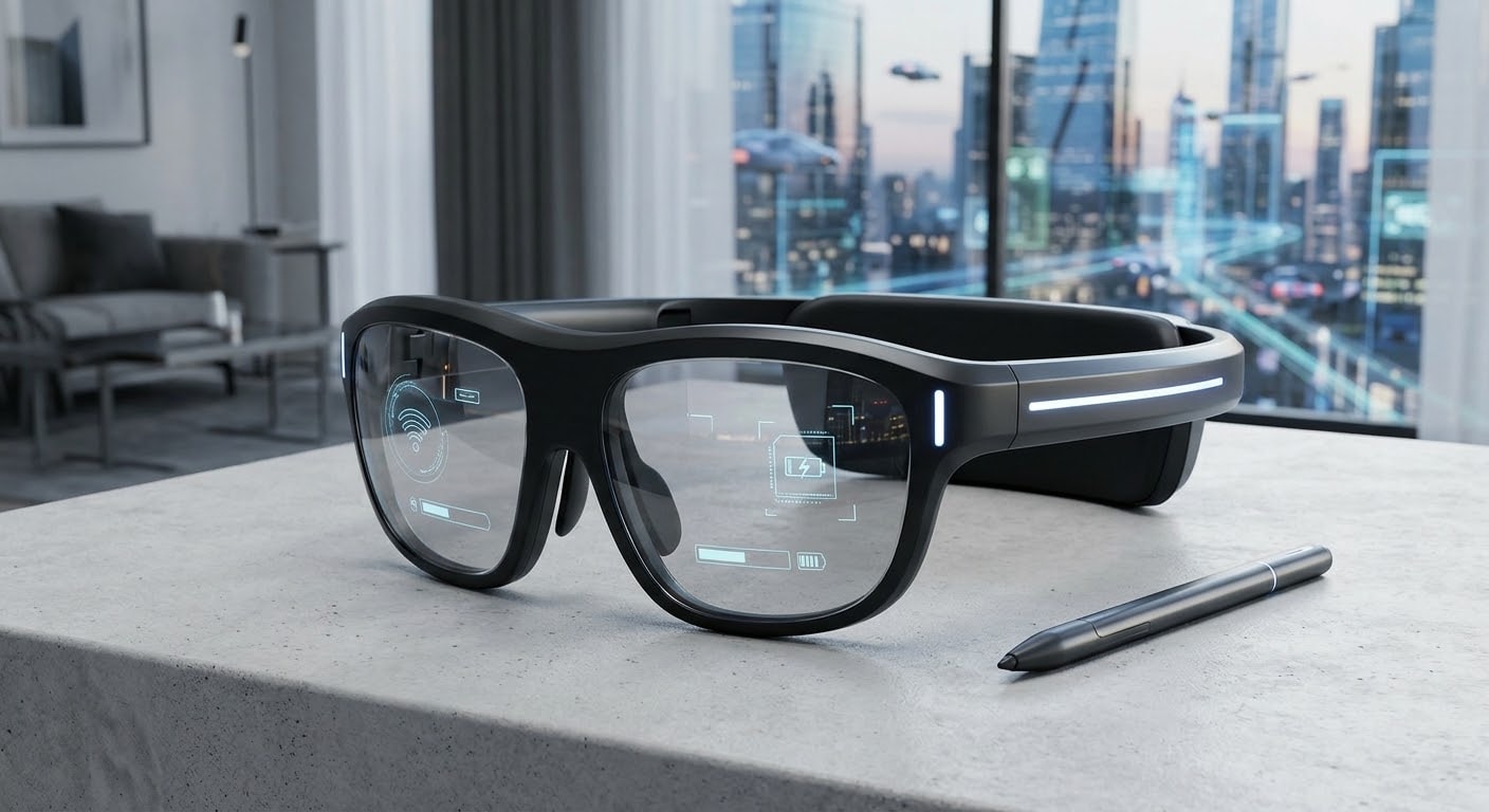 A close-up view of sleek, black AI-powered smart glasses resting on a concrete table in a modern room, featuring subtle neon blue accent lights on the frame and transparent digital UI displays on the lenses, with no people or readable text visible.