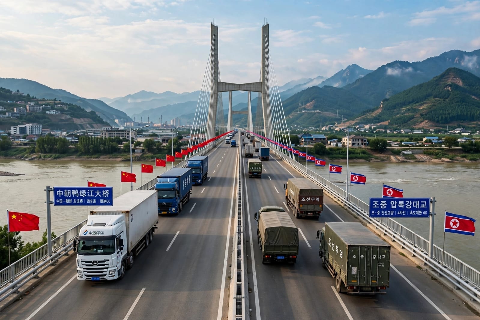 A modern cable-stayed bridge over the Yalu River connecting China and North Korea, decorated with rows of Chinese and North Korean flags, with cargo trucks from both countries crossing in both directions. Blue road signs in Chinese and Korean mark the China-DPRK Friendship Bridge, with mountains and border towns visible in the background.