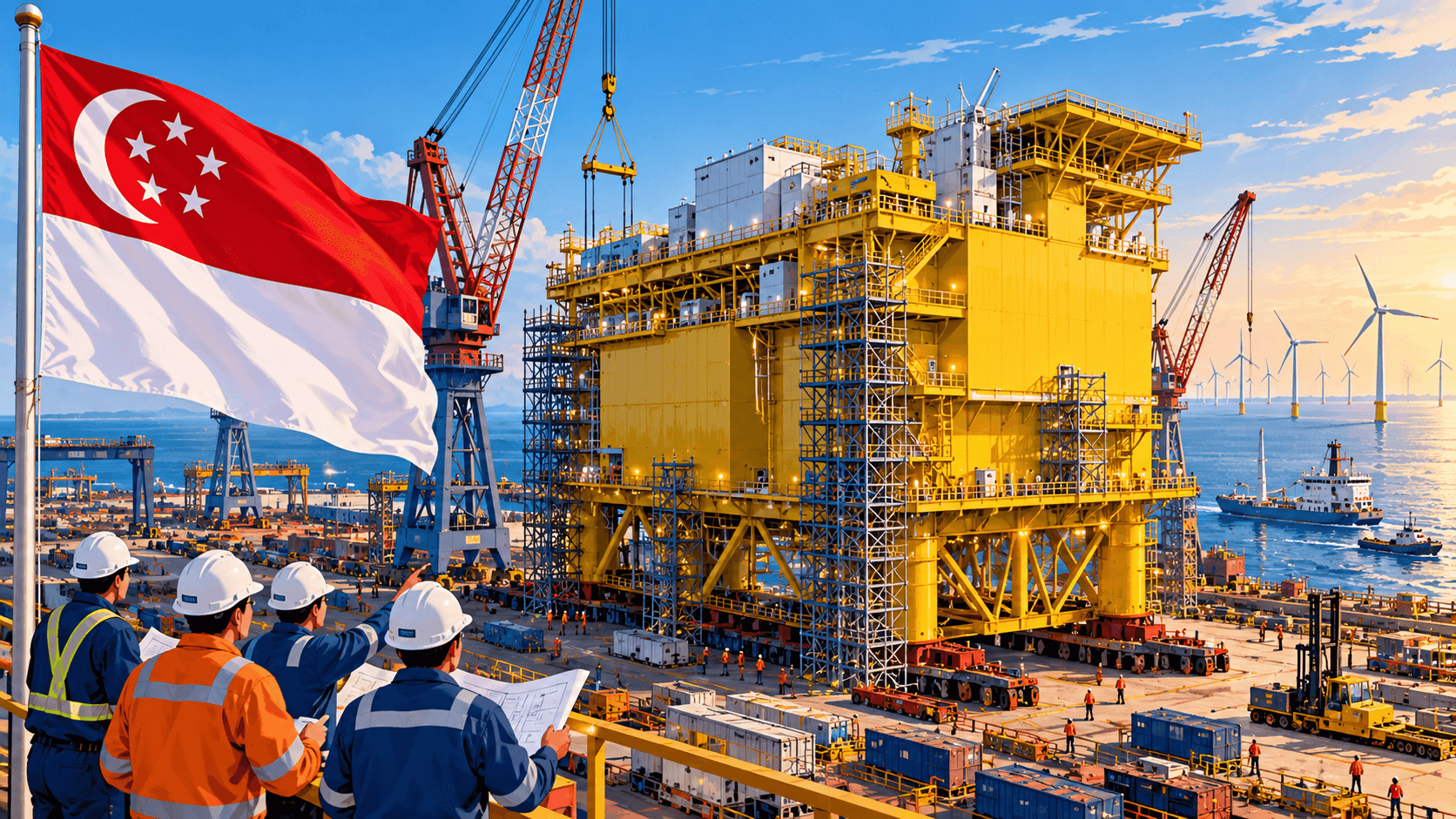 AI-generated illustration of a massive yellow HVDC converter platform under construction at a Singapore shipyard, featuring cranes, offshore wind turbines, and the Singaporean flag.