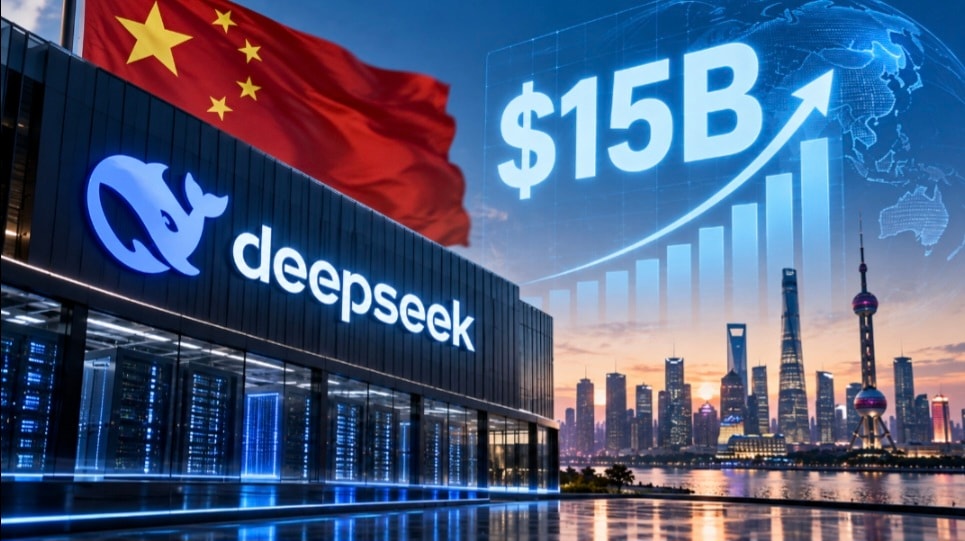 AI-generated illustration of DeepSeek branding on a futuristic data center, with a Chinese flag, city skyline and a $15 billion financial graphic, symbolizing the company's major funding round and expansion in artificial intelligence.