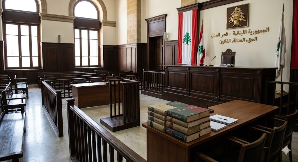 صورة لقاعة محكمة فارغة، مع منصة القاضي في الخلف، وعلم لبنان إلى جانبها، ومجموعة من الكتب القانونية على طاولة الدفاع