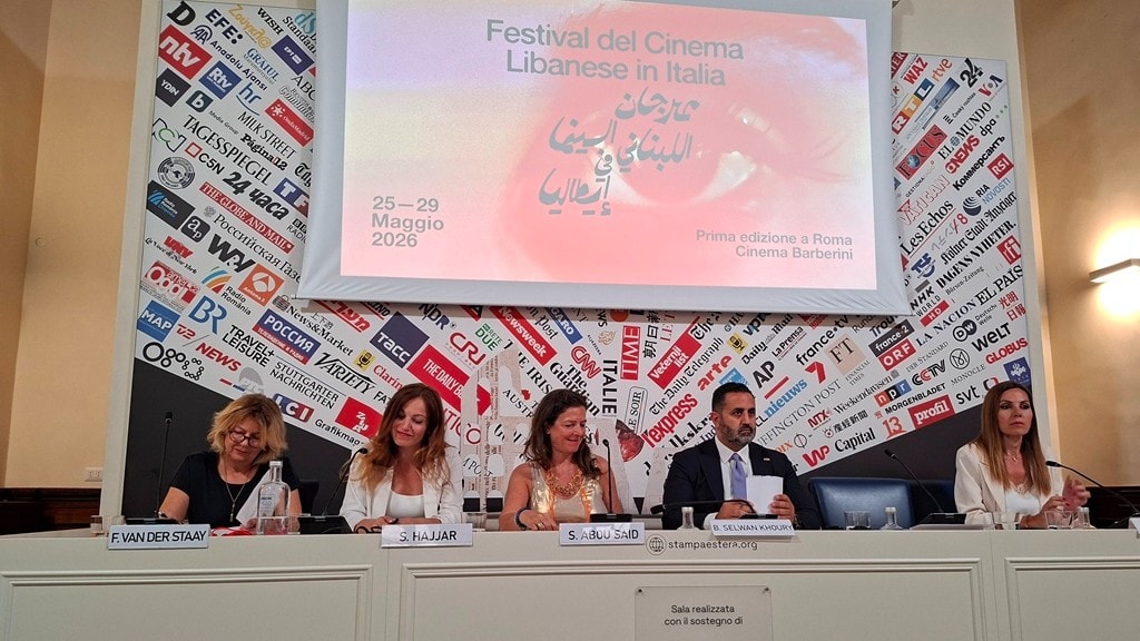 Speakers participate in a press conference in Rome announcing the first Lebanese Cinema Festival in Italy, held at Cinema Barberini.