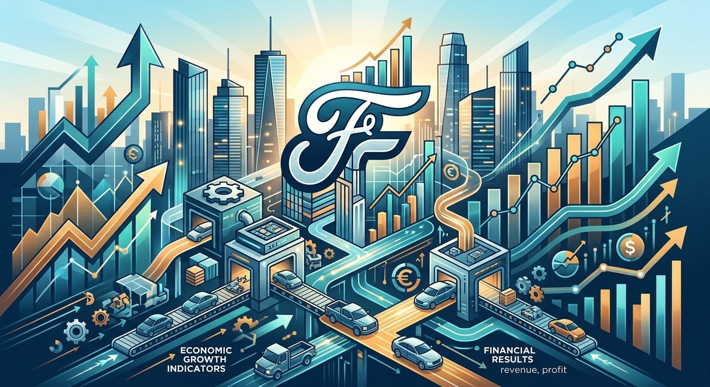 Conceptual 3D financial illustration representing Ford Motor company results, featuring dynamic financial charts, assembly line automotive production, currency icons, and economic growth indicators in a modern blue and gold color scheme .