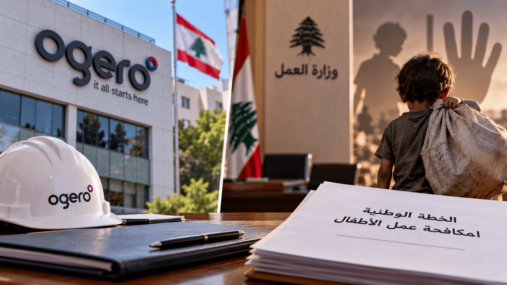 AI-generated illustration featuring Ogero telecommunications, a safety helmet, and documents related to Lebanon's national plan to combat child labor, alongside a symbolic depiction of child labor.
