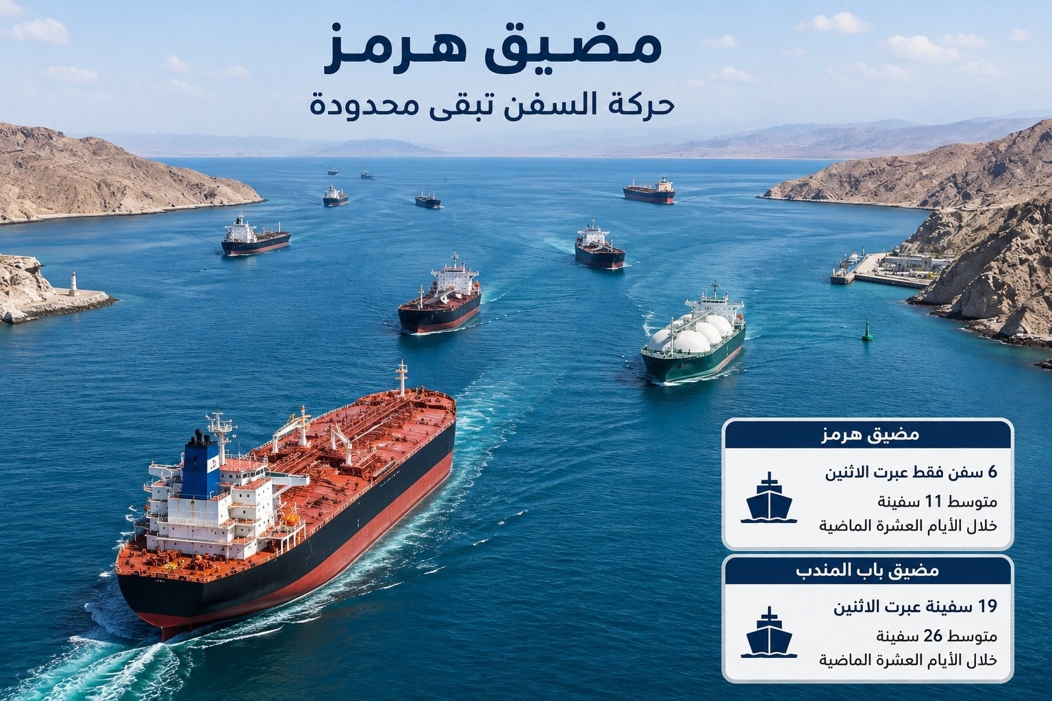حركة السفن عبر مضيق هرمز تبقى دون متوسط الأيام العشرة الماضية وسط استمرار الجمود بين واشنطن وطهرانAi