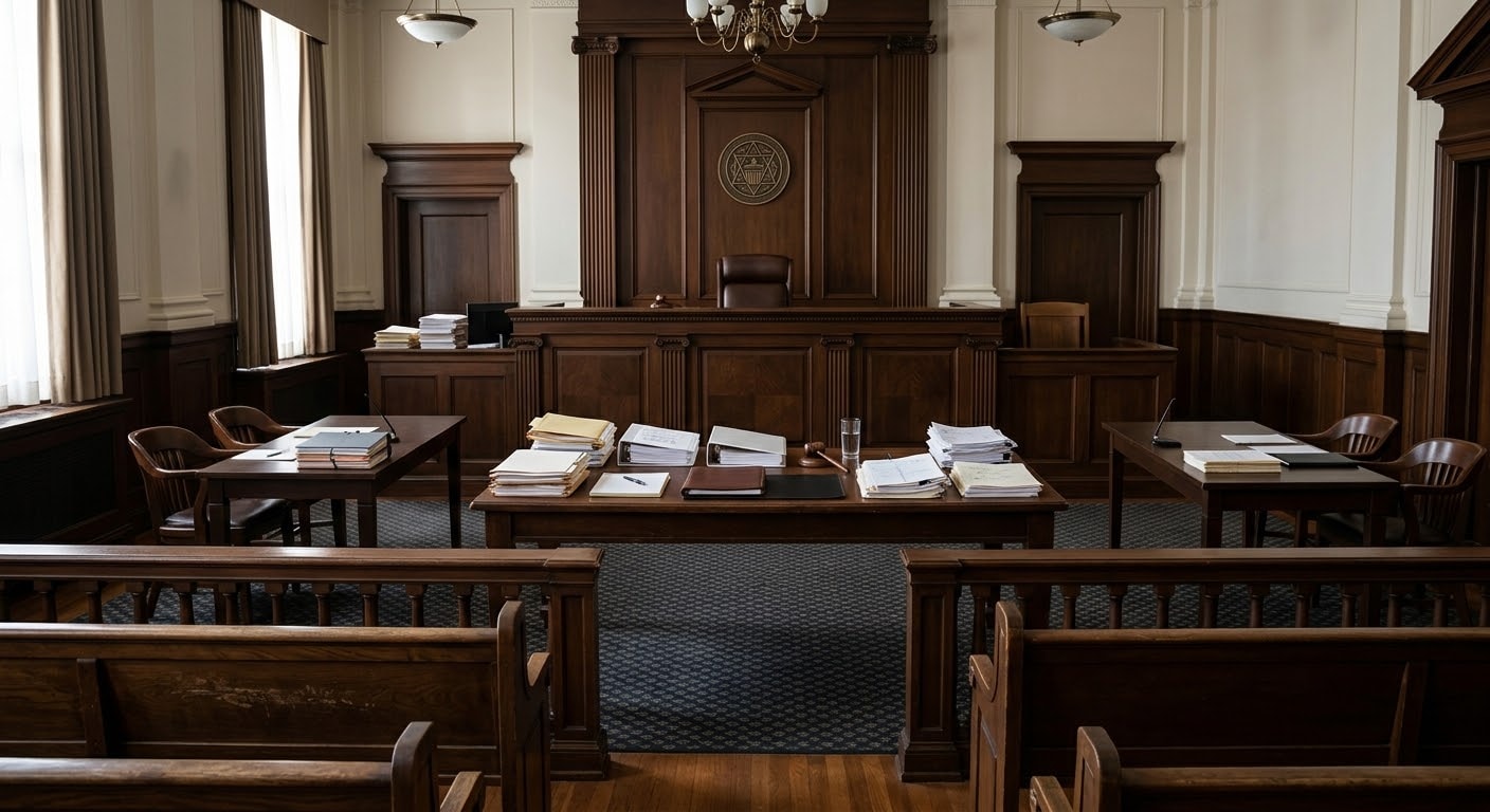 Empty courtroom with judge's bench