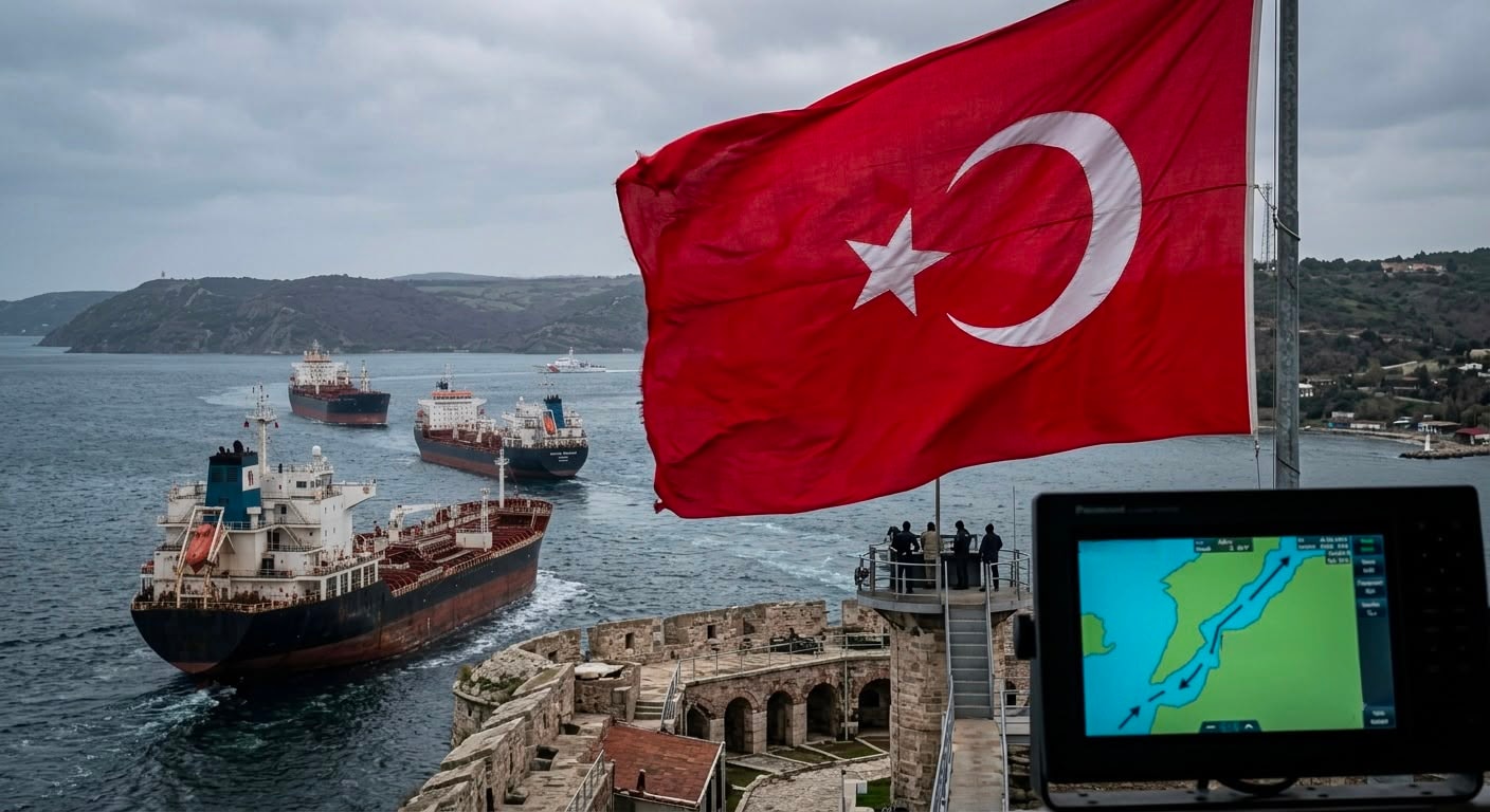 سفن تجارية تعبر مضيقًا و علم تركيا ai