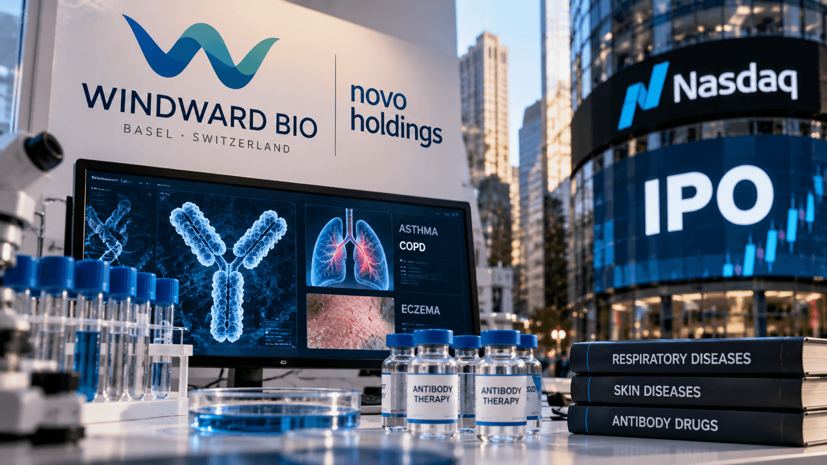 AI-generated illustration of Windward Bio's planned US IPO, featuring antibody drug research, laboratory equipment, Windward Bio and Novo Holdings branding, and a Nasdaq IPO display.