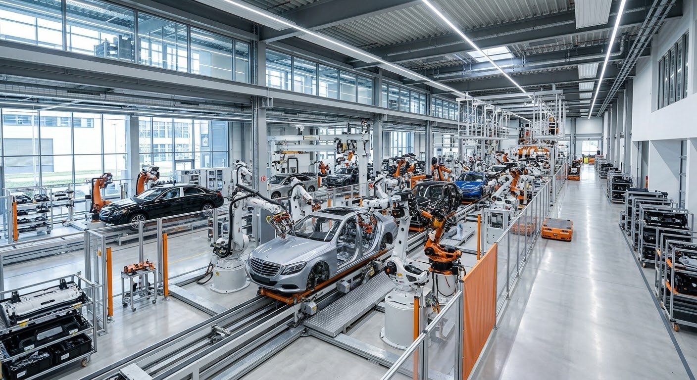 A modern automated automotive manufacturing facility featuring high-tech robotic assembly lines producing luxury cars