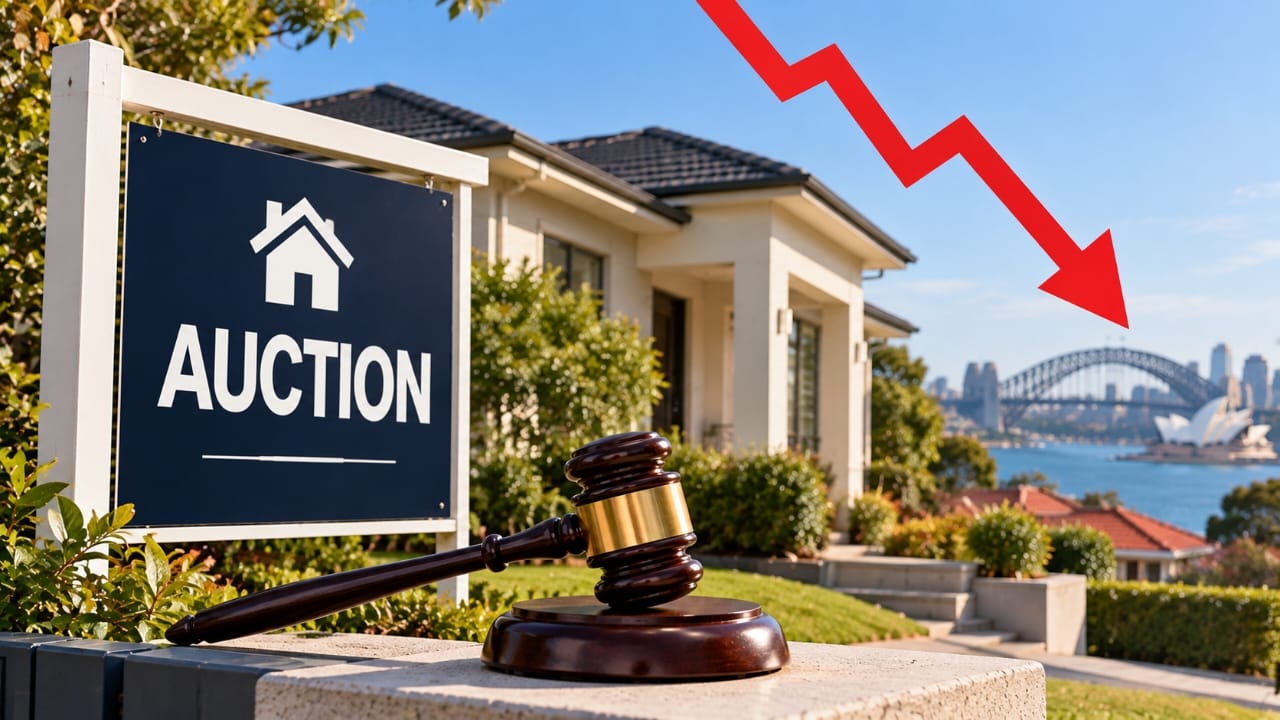 AI-generated illustration of an Australian home auction with a gavel, auction sign and downward arrow representing declining auction activity