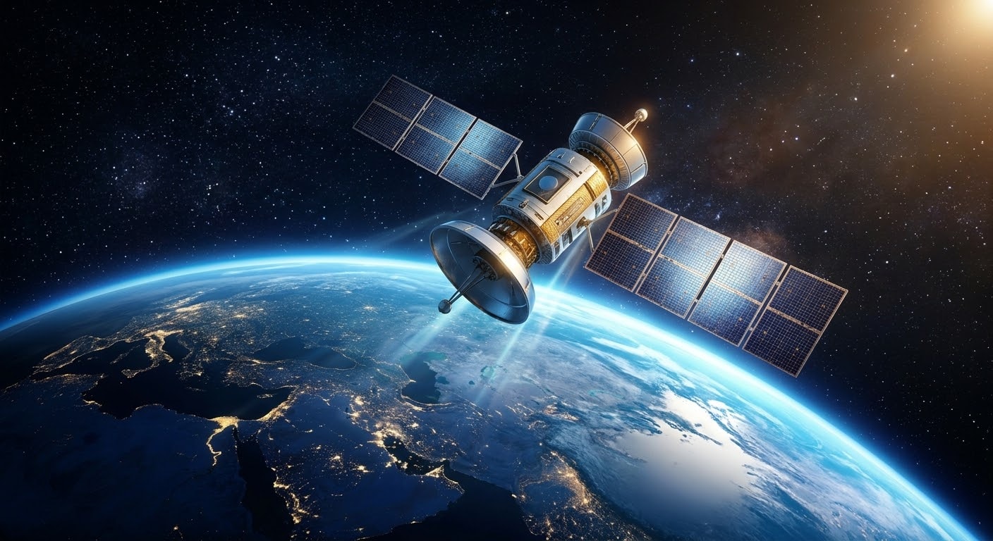 A high-resolution photograph of a communication satellite orbiting Earth in deep space, with solar panels extended and illuminated by sunlight against a backdrop of stars and the glowing atmosphere of the Earth below.