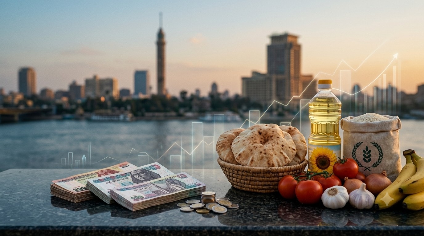 مشهدًا اقتصاديًا مركبًا يربط بين السلع الأساسية والعملة المصرية في المقدمة، وأفق مدينة القاهرة في الخلفية، مع رسوم بيانية اقتصادية شفافة تمثل الاتجاهات الاقتصادية. (AI)