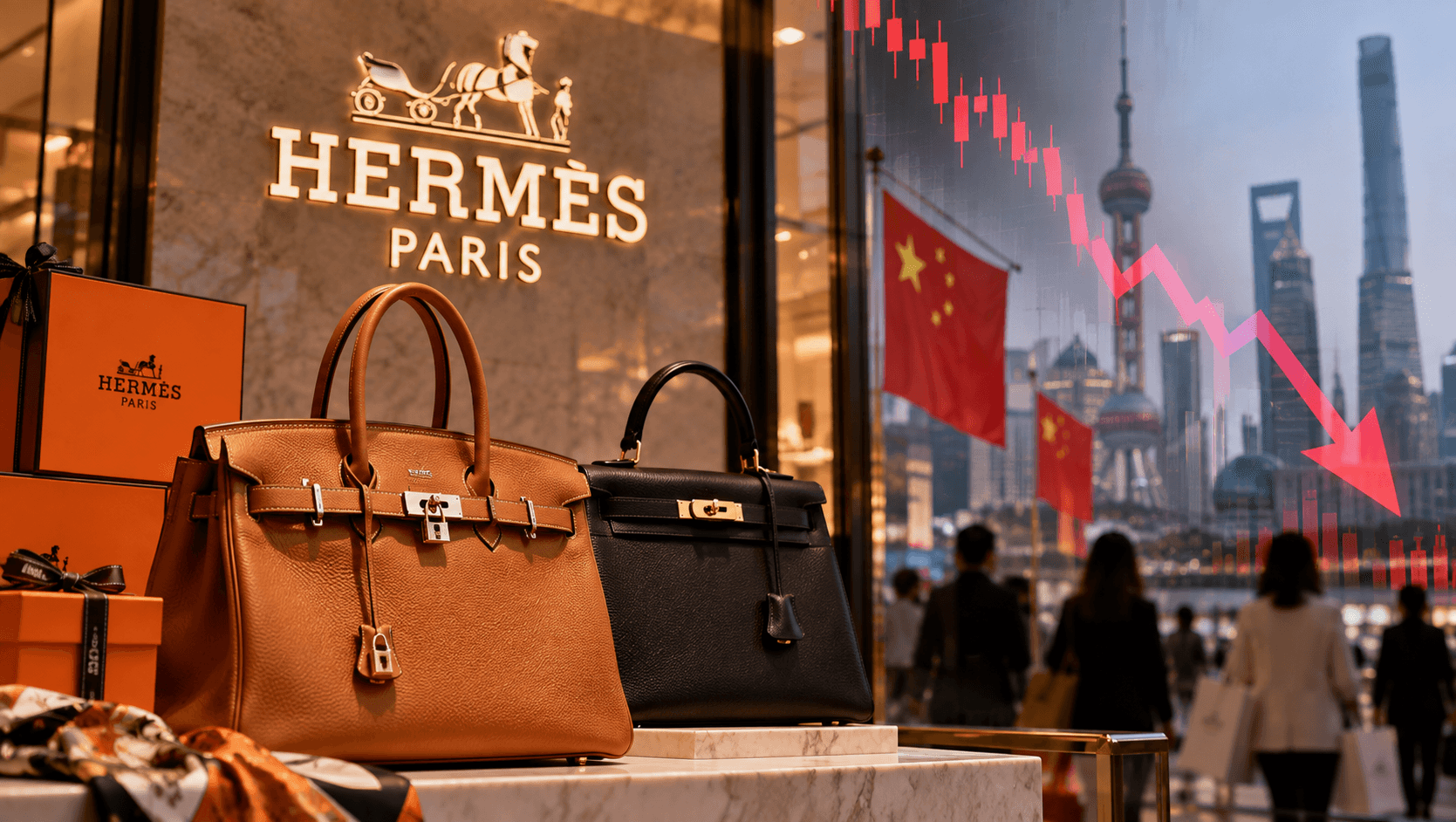 AI-generated illustration of Hermes luxury handbags and orange shopping boxes, with Chinese flags, the Shanghai skyline and a declining financial chart, symbolizing weaker luxury sales growth in China.