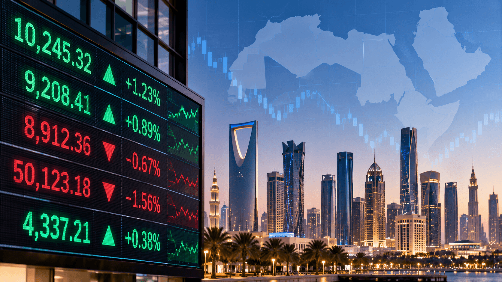 AI-generated illustration of a financial market display with green and red stock indicators, a Middle East map, and a city skyline representing mixed performances across Arab stock markets.