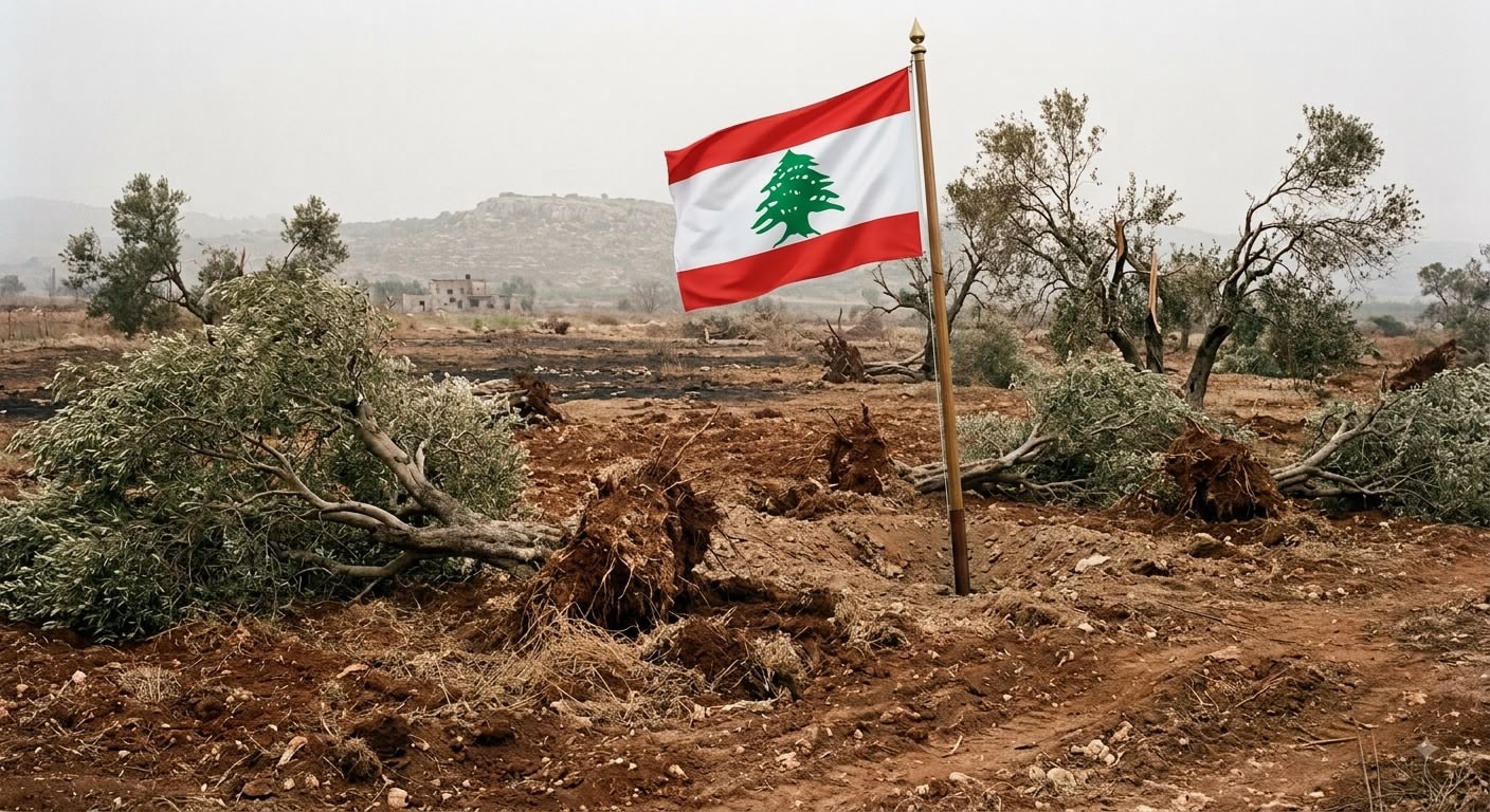 علم لبنان في حقل زيتون ai