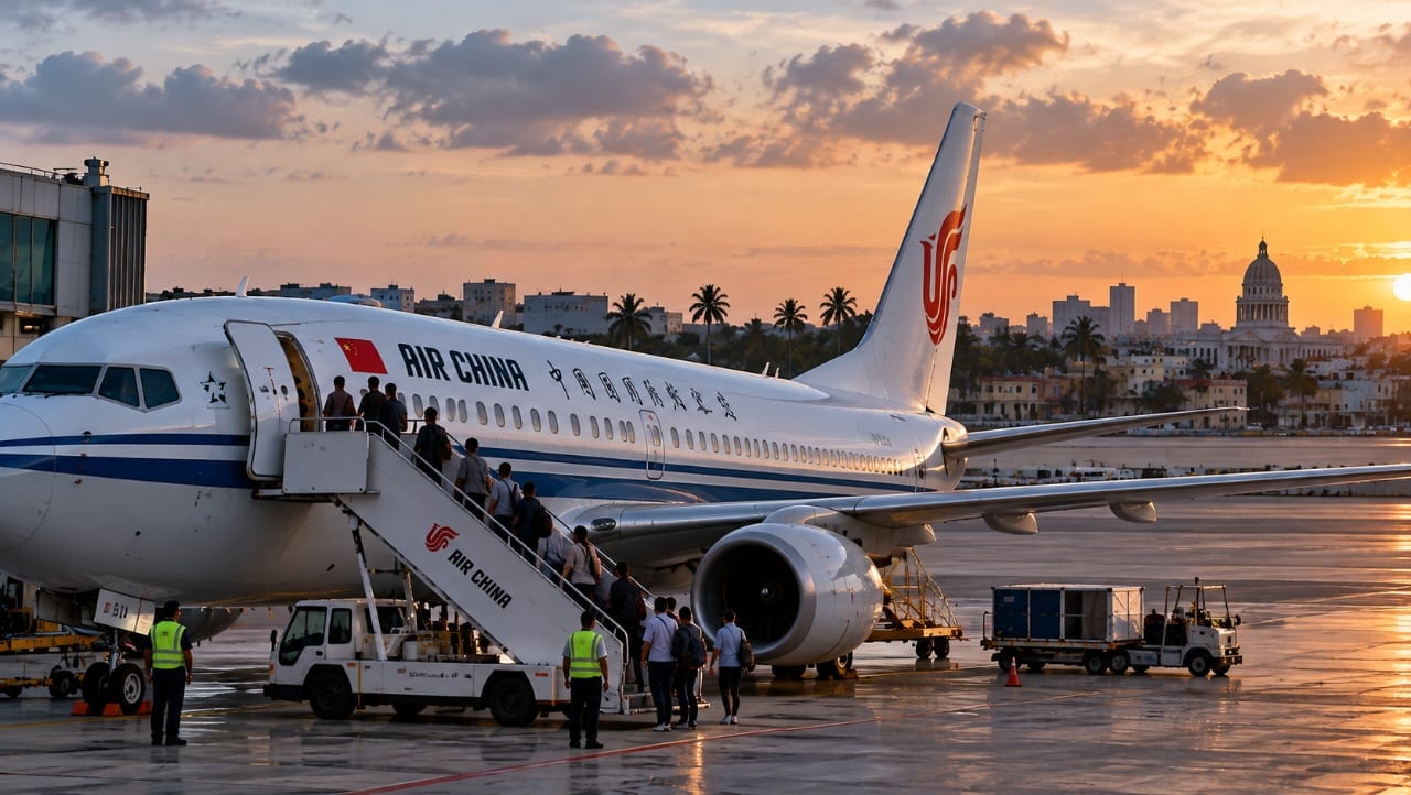 AI-generated illustration of an Air China aircraft boarding passengers at an airport in Havana, Cuba, symbolizing the replacement flight arranged amid flight cancellations and fuel shortages.