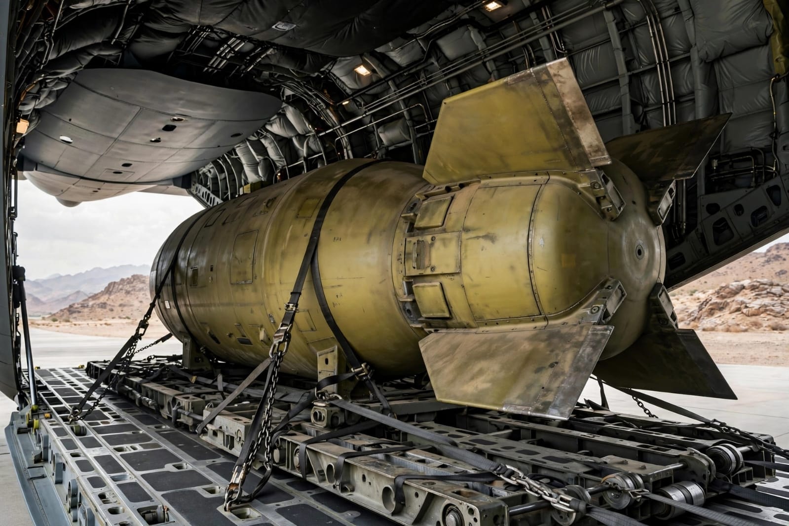 A large olive-drab GBU-43/B Massive Ordnance Air Blast bomb secured on a cargo pallet inside the open ramp of a US military transport aircraft on a desert airfield, ready for loading operations
