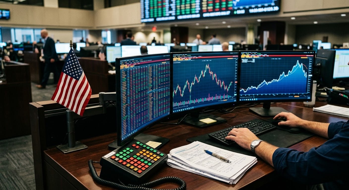 قاعة تداول و علم أميركي ai