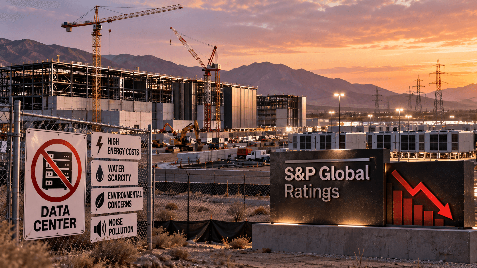 AI-generated illustration of a data center construction site in the United States, featuring power infrastructure, environmental concern signs, and a downward financial chart symbolizing potential credit rating risks.