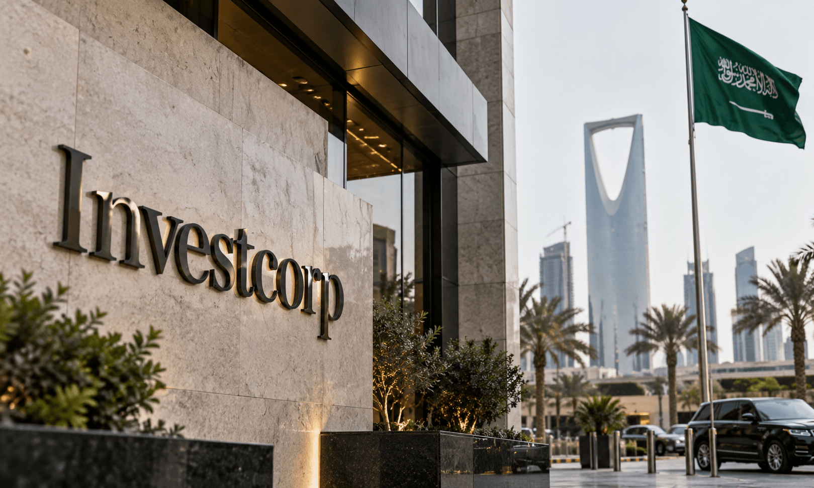 AI-generated illustration of Investcorp signage on a modern building, with the Saudi Arabian flag and Riyadh skyline in the background, representing investment activity in Saudi Arabia.