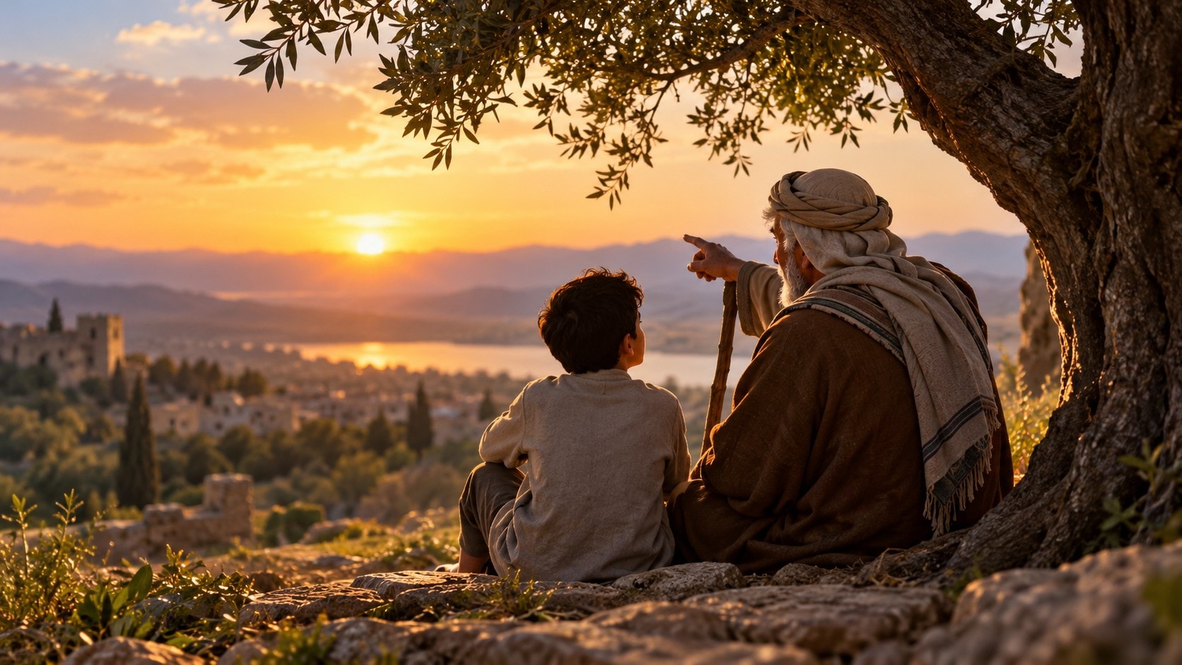 رجل مسن يجلس إلى جانب طفل عند الغروب - سنيب