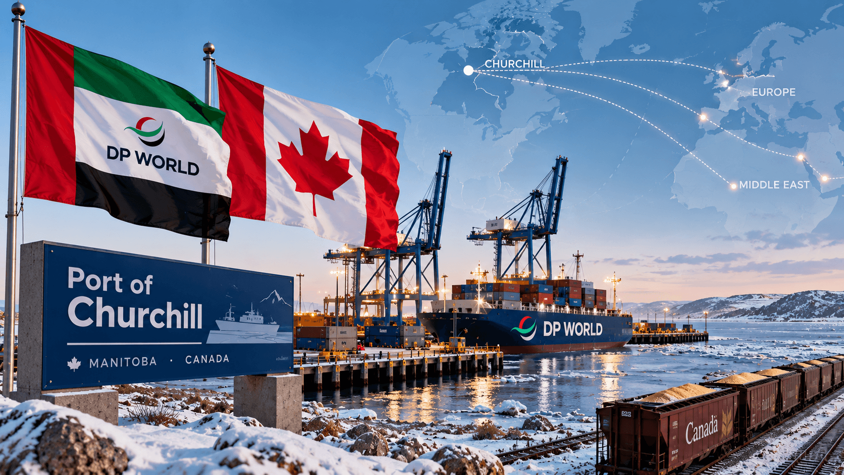 AI-generated illustration of Canada's Churchill port, featuring a DP World cargo ship, Canadian and UAE flags, shipping cranes, freight trains, and a map showing potential trade routes to Europe and the Middle East.
