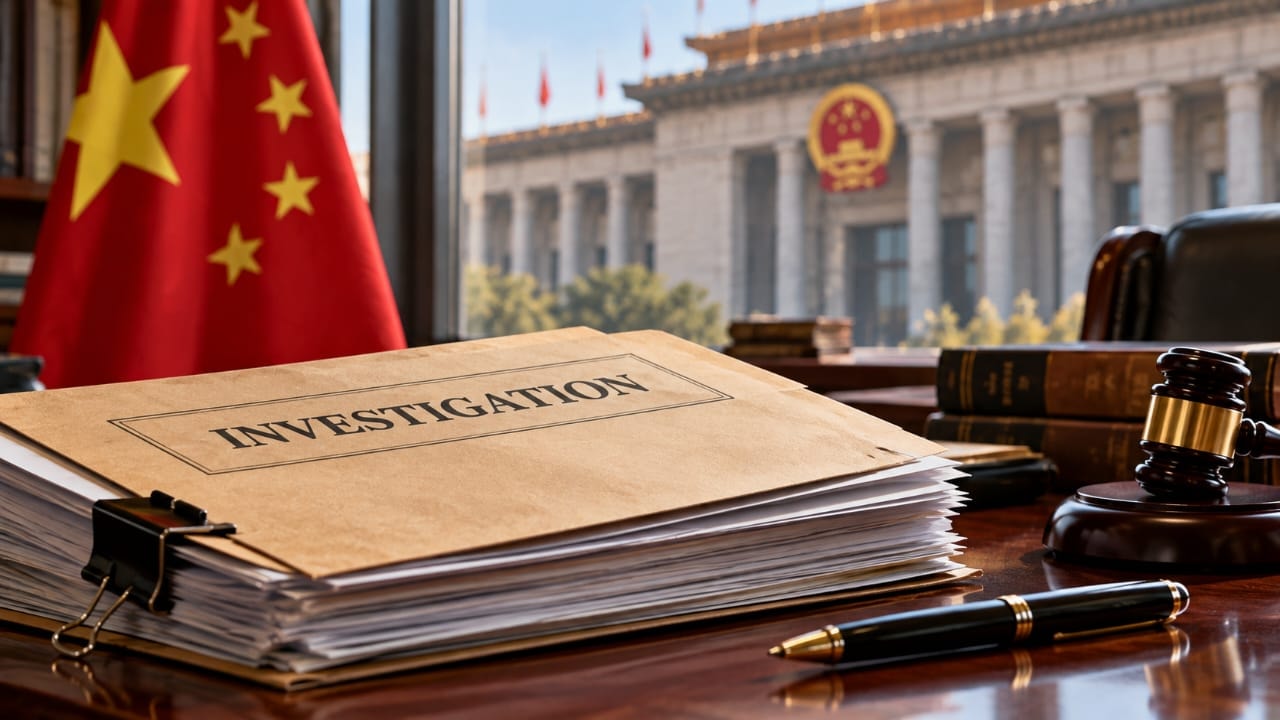 AI-generated illustration of an investigation file on a desk with a Chinese flag in the background