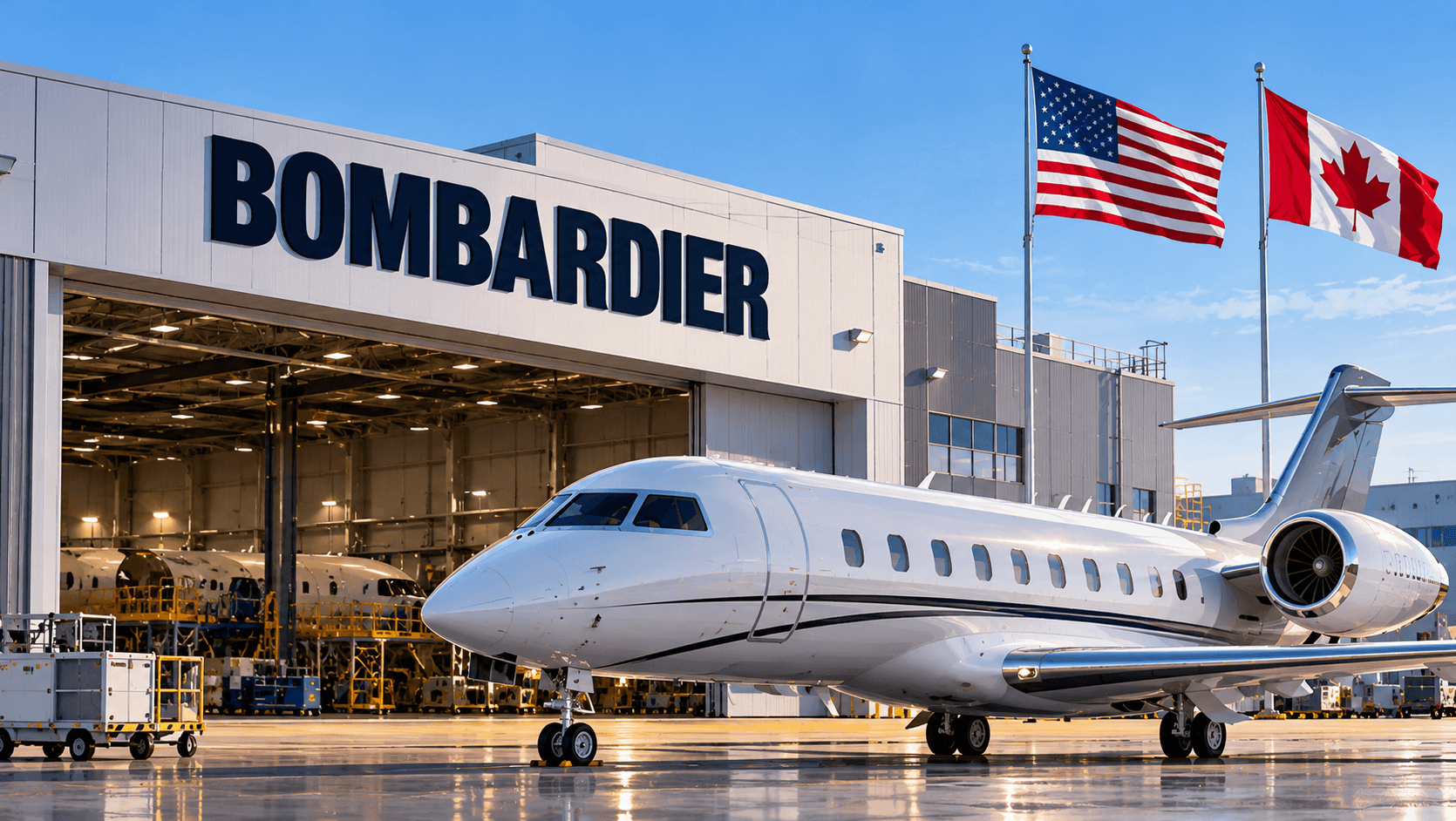 AI-generated illustration of a Bombardier business jet parked outside an aircraft hangar, with the American and Canadian flags in the background, symbolizing the company's $270 million investment in the United States.