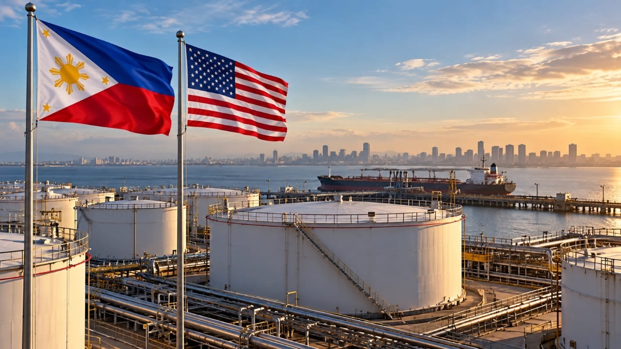 AI-generated illustration of oil storage tanks with Philippine and US flags