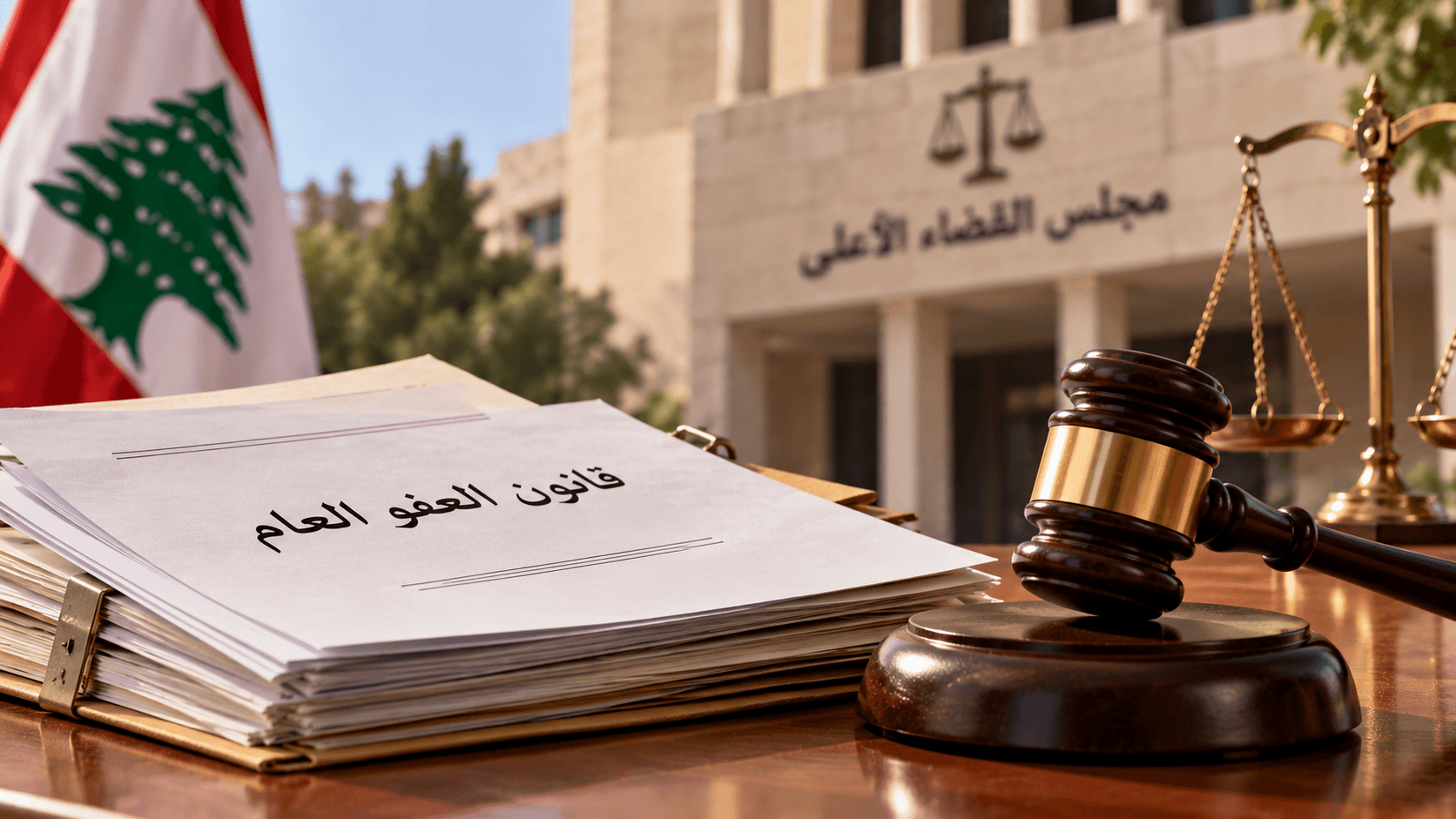 AI-generated illustration of legal documents representing Lebanon's general amnesty law, alongside a judge's gavel, scales of justice, and the Lebanese flag.