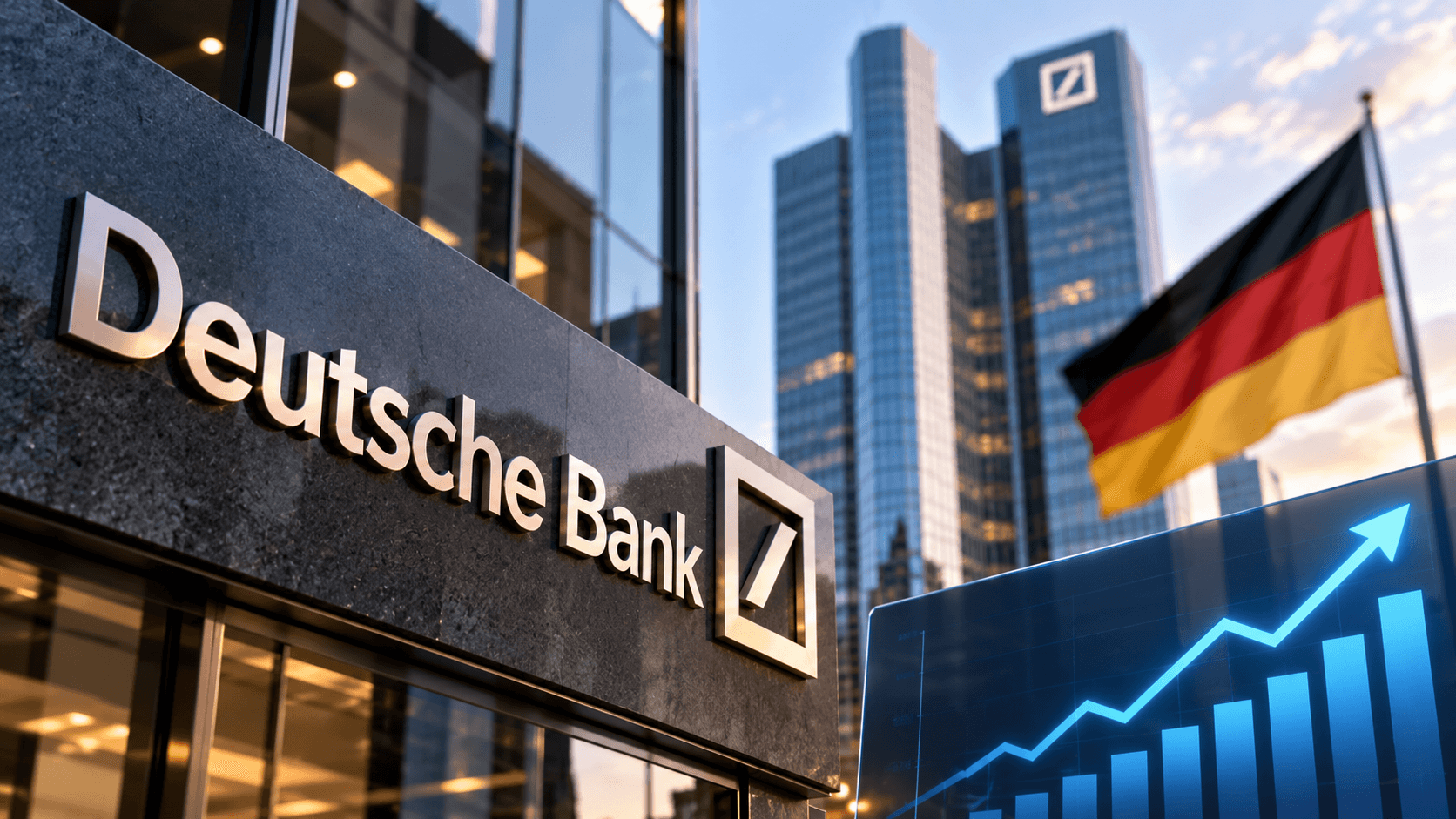 AI-generated illustration of Deutsche Bank signage, the German flag, and an upward financial chart representing the bank's strong profits and potential increase in financial targets.