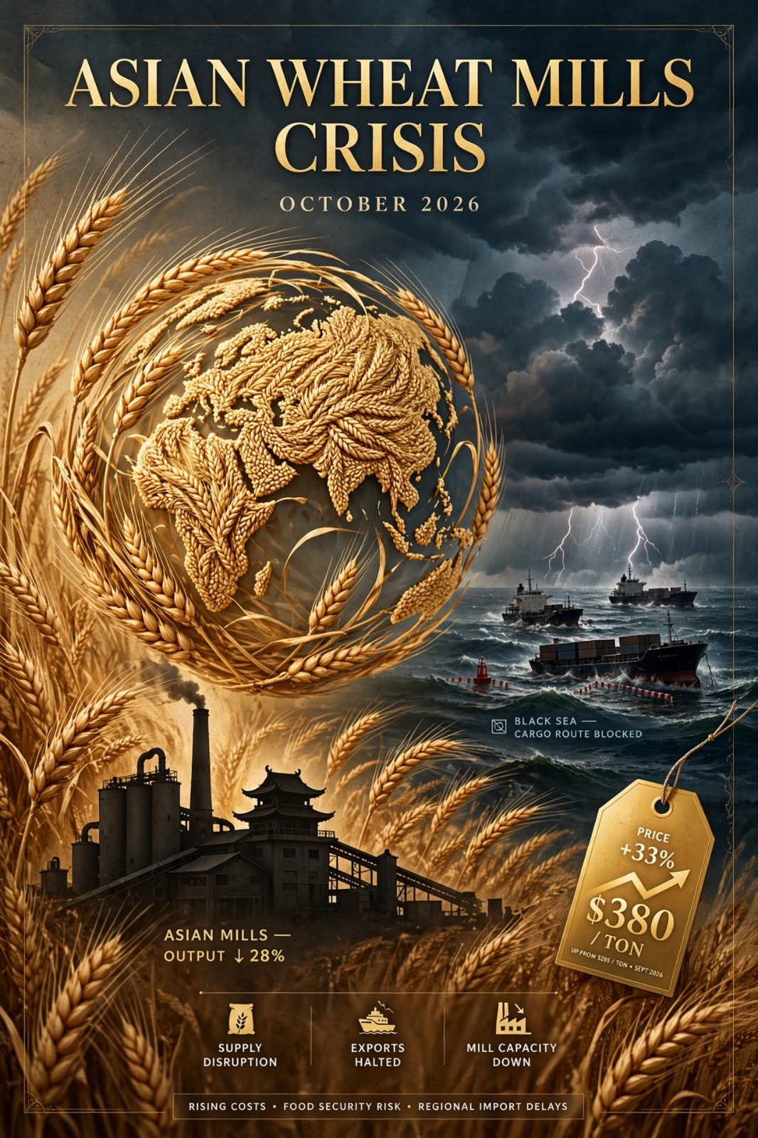 news report, featuring a glowing golden brain globe over a dark, stormy sea.